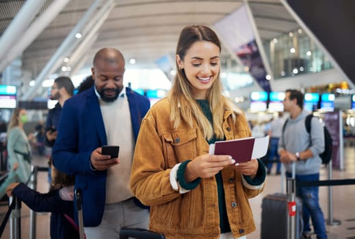 Travel, queue and ticket with woman in airport for vacation, international trip and tourism. Holiday, luggage and customs with passenger in line for airline, departure and flight transportation.