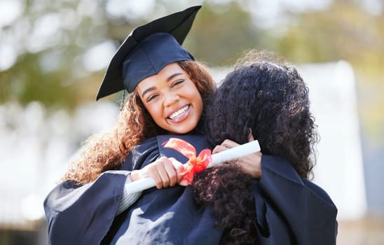 Women friends, hug and graduation diploma with smile, celebration or solidarity for success at college. University students, girl and portrait with certificate, pride and excited with congratulations.