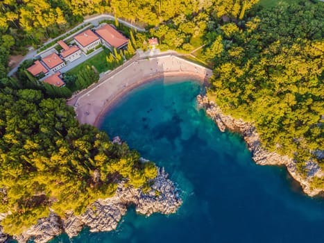 Queen's Beach in Milocer, Montenegro. Aerial view of sea waves and fantastic Rocky coast, Montenegro. drone.