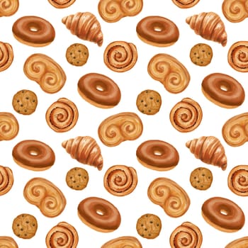 Seamless pattern with baking. Hand drawn illustrations of sweet pastries and cookies on white background.