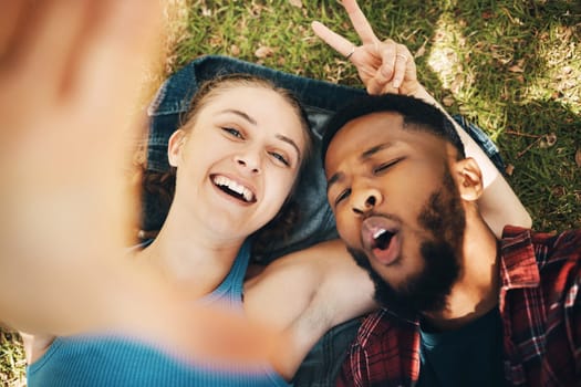 Peace sign selfie, couple and portrait smile at park outdoors, laughing at comic joke and bonding. Diversity, love romance and black man and woman with v hand emoji to take photo for happy memory