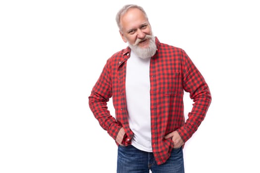 handsome 60s elderly man with gray beard in casual shirt.