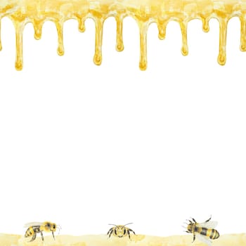 Watercolor seamless illustration of honey and bees. Hand drawn and isolated on white background. Great for printing on fabric, postcards, invitations, menus, cosmetics, cooking books and others.