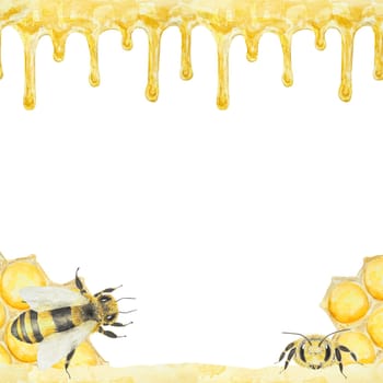 Watercolor illustration of honey and bees. Hand drawn background isolated on white background. Great for printing on fabric, postcards, invitations, menus, cosmetics, cooking books and others.