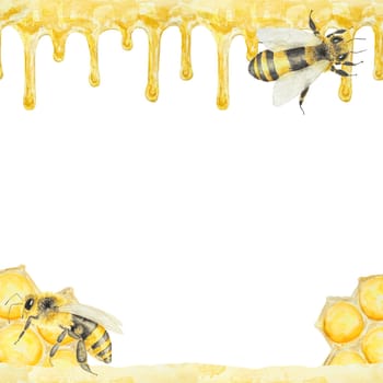 Watercolor illustration of honey and bees. Hand drawn background isolated on white background. Great for printing on fabric, postcards, invitations, menus, cosmetics, cooking books and others.