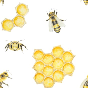 Watercolor pattern of honey and bees. Hand drawn and isolated on white background. Great for printing on fabric, postcards, invitations, menus, cosmetics, cooking books and others.