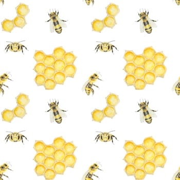 Watercolor pattern of honey and bees. Hand drawn and isolated on white background. Great for printing on fabric, postcards, invitations, menus, cosmetics, cooking books and others.