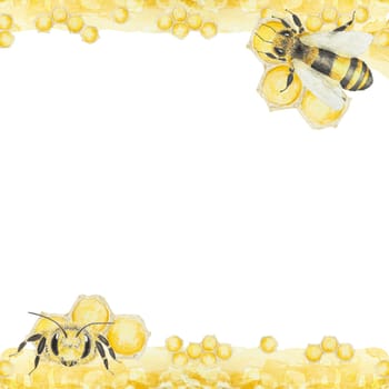 Watercolor illustration of honey and bees. Hand drawn painting isolated on white background. Great for printing on postcards, invitations, menus, cosmetics, cooking books and others.