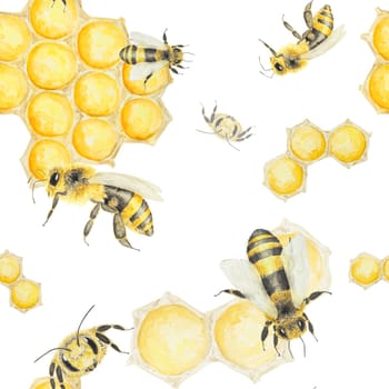 Watercolor pattern of honey and bees. Hand drawn and isolated on white background. Great for printing on fabric, postcards, invitations, menus, cosmetics, cooking books and others.