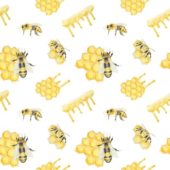 Watercolor pattern of honey and bees. Hand drawn and isolated on white background. Great for printing on fabric, postcards, invitations, menus, cosmetics, cooking books and others.