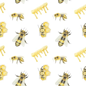 Watercolor pattern of honey and bees. Hand drawn and isolated on white background. Great for printing on fabric, postcards, invitations, menus, cosmetics, cooking books and others.