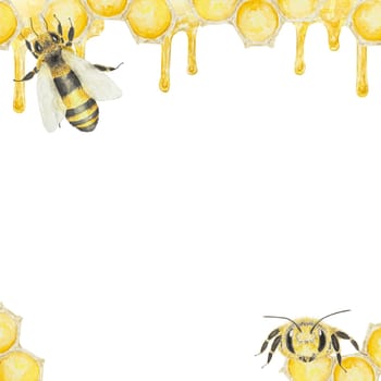 Watercolor illustration of honey and bees. Hand drawn painting isolated on white background. Great for printing on postcards, invitations, menus, cosmetics, cooking books and others.