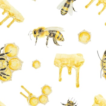 Watercolor pattern of honey and bees. Hand drawn and isolated on white background. Great for printing on fabric, postcards, invitations, menus, cosmetics, cooking books and others.