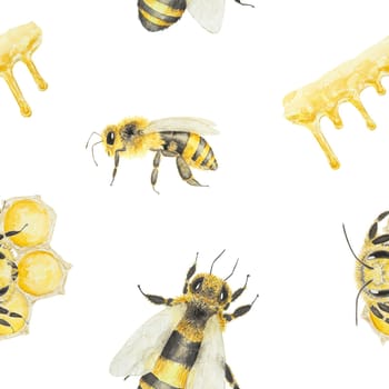 Watercolor pattern of honey and bees. Hand drawn and isolated on white background. Great for printing on fabric, postcards, invitations, menus, cosmetics, cooking books and others.