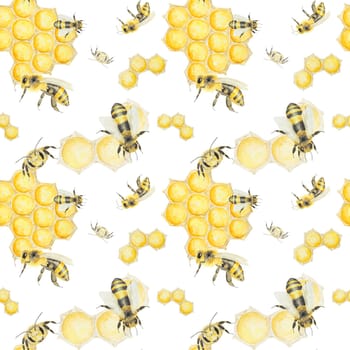 Watercolor pattern of honey and bees. Hand drawn and isolated on white background. Great for printing on fabric, postcards, invitations, menus, cosmetics, cooking books and others.