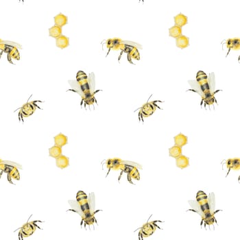 Watercolor pattern of honey and bees. Hand drawn and isolated on white background. Great for printing on fabric, postcards, invitations, menus, cosmetics, cooking books and others.