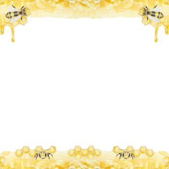 Watercolor illustration of honey and bees. Hand drawn painting isolated on white background. Great for printing on postcards, invitations, menus, cosmetics, cooking books and others.