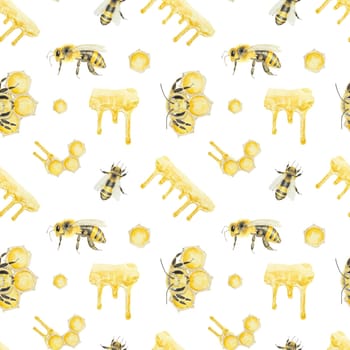 Watercolor pattern of honey and bees. Hand drawn and isolated on white background. Great for printing on fabric, postcards, invitations, menus, cosmetics, cooking books and others.