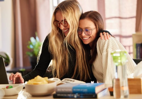 Studying, education and friends or women on laptop for assignment research, teamwork and learning love. Happy remote university students or college people on computer for knowledge and philosophy.