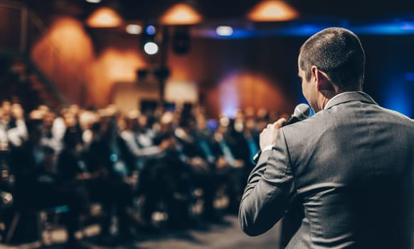 Speaker giving a talk on corporate business conference. Unrecognizable people in audience at conference hall. Business and Entrepreneurship event.