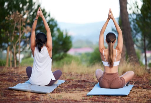 Yoga women, outdoor and meditation in nature for fitness, exercise and wellness. Friends together in a forest for a workout, training and energy for mental health, peace and zen with hands in prayer.