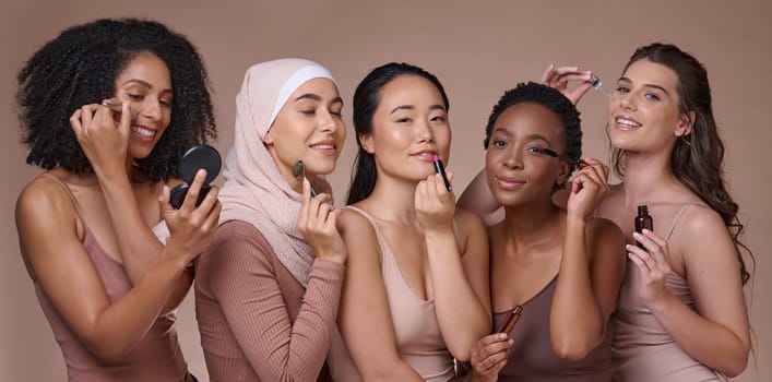 Diversity, makeup and woman portrait with beauty skincare, cosmetics and wellness product. Skin glow, smile and cosmetic products of women models together with happiness from luxury cosmetology.