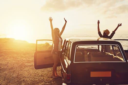 Road trip, couple of friends and sunset beach for travel, journey and summer holiday celebration. Celebrate, arms in air and vintage, retro car for outdoor vacation, parking and nature drive by ocean.