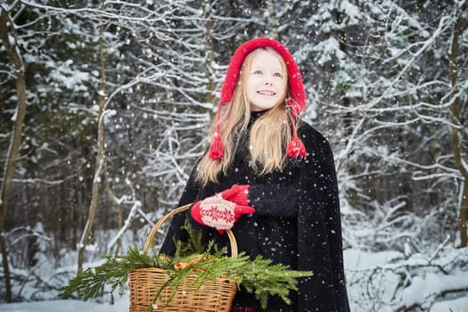 Cute little girl in red cap or hat and black coat with basket of green fir branches in forest and snow on winter day. Young girl went to gather firewood in cold. Fun and fairytale on photo shoot