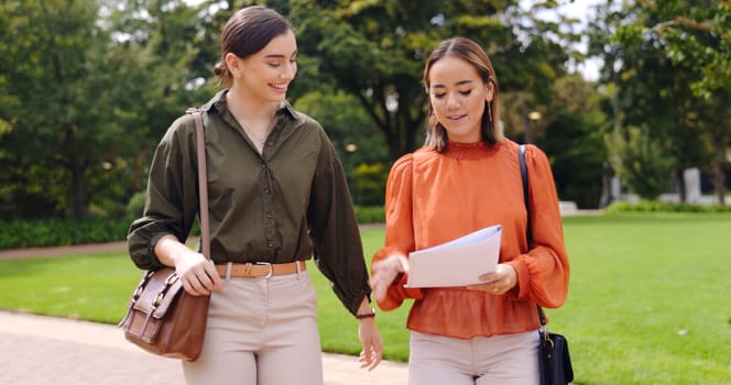 Teamwork, documents and business women in park for planning, partnership and idea. Strategy, conversation and paperwork with female friends in city for professional, communication and collaboration.