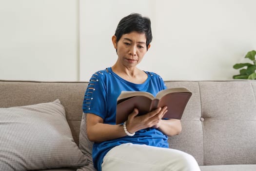 Portrait of attractive focused cheerful elderly woman sitting on divan reading book pastime daydream at home house indoor.