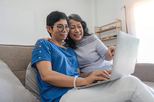 Senior female friend using digital laptop together.