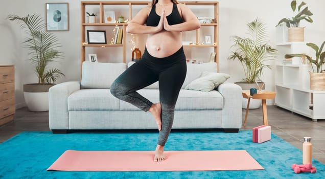 Yoga, pregnant woman and meditation in living room, workout and fitness. Pregnancy, healthy female and lady with peace, zen and calm to relax, health and training in lounge, wellness and exercise