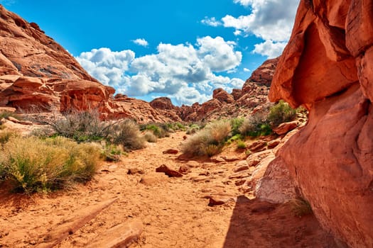 Valley of Fire is located 50 miles north of Las Vegas, Nevada.  Various shots depicting the rocky sandstone formations with some clouds and thunderstorms.