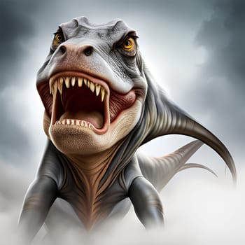 Angry Tyrannosaurus rex t-rex dinosaur roaring in foggy background - Generative AI