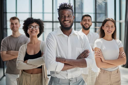 Face of beautiful woman on the background of business people