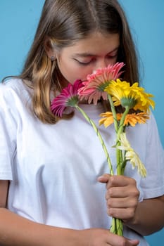 a large portrait of a pretty teenage girl sniffing gerbera flowers that she holds in her hands, a girl on a bright blue background in a white T-shirt. the girl presses gerbera flowers to her eyes. Red and yellow flowers. No allergies. vertical photo