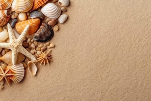 Sea shells with sand as background. Summer beach. ai generated