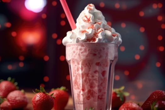 Delicious sweet strawberry milkshake in glass jar with cream on pink background. ai generated