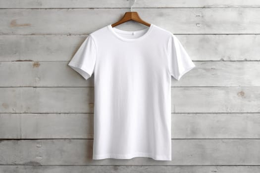 white t-shirt on wooden hanger. White tshirt mockup template. ai generated