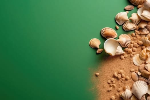 Sea shells with sand as background. Summer beach. ai generated