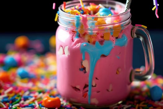 Delicious sweet milkshake in glass jar with cream. ai generated