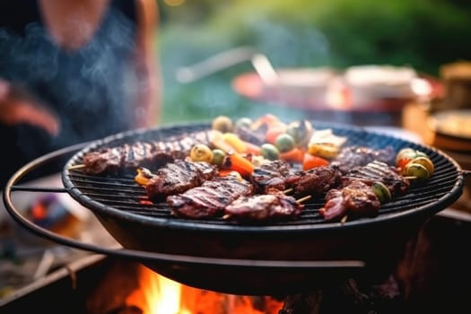 grilling lamb ribs on hot flame , barbecue cooking in evening and sunset. ai generated