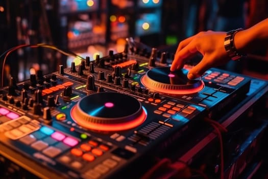 Night club, nightlife concept. DJ hands hold microphone and mixing DJ remote, ai generated