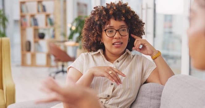 Happy, relax and women on the living room couch for advice, communication and catching up conversation at home. Talking, bonding and friends sharing a story, secret or gossip on the sofa together