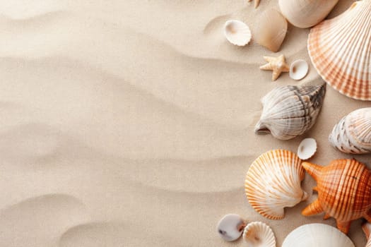 Sea shells with sand as background. Summer beach. ai generated