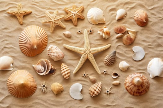 Sea shells with sand as background. Summer beach. ai generated