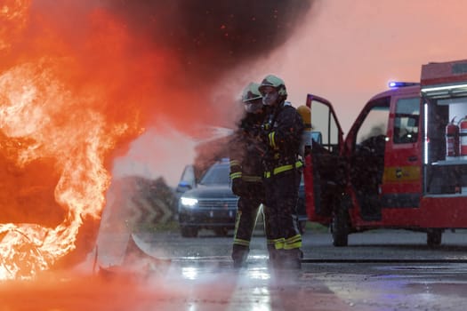 Firefighters using water fire extinguisher to fighting with the fire flame in car accident. Firefighter industrial and public safety concept rescue in night. High quality photo