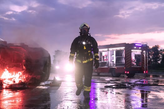 Portrait of a heroic fireman in a protective suit. Firefighter in fire fighting or car accident rescue operation in dusk or night. High quality photo