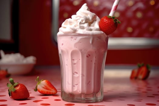 Delicious sweet strawberry milkshake in glass jar with cream on pink background. ai generated