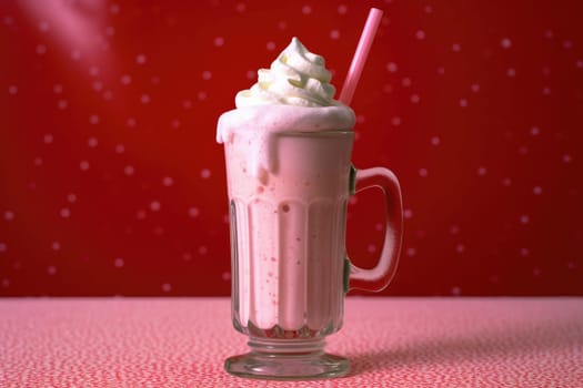 Delicious sweet strawberry milkshake in glass jar with cream on pink background. ai generated